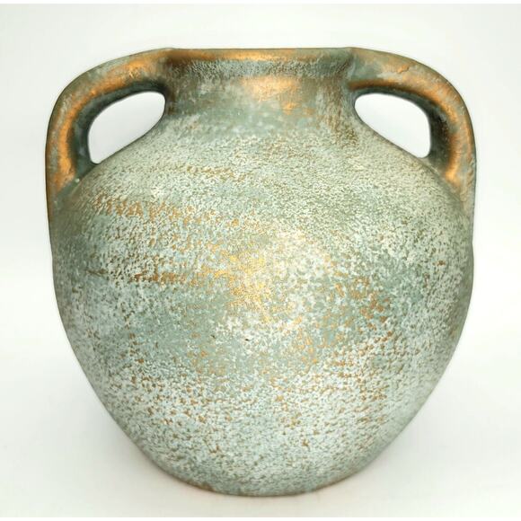 David Harris 2-Handled Jug Turquoise w/Gold Accents Harris Potteries Chicago MCM